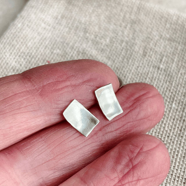 Curved Rectangular Silver Stud Earrings 