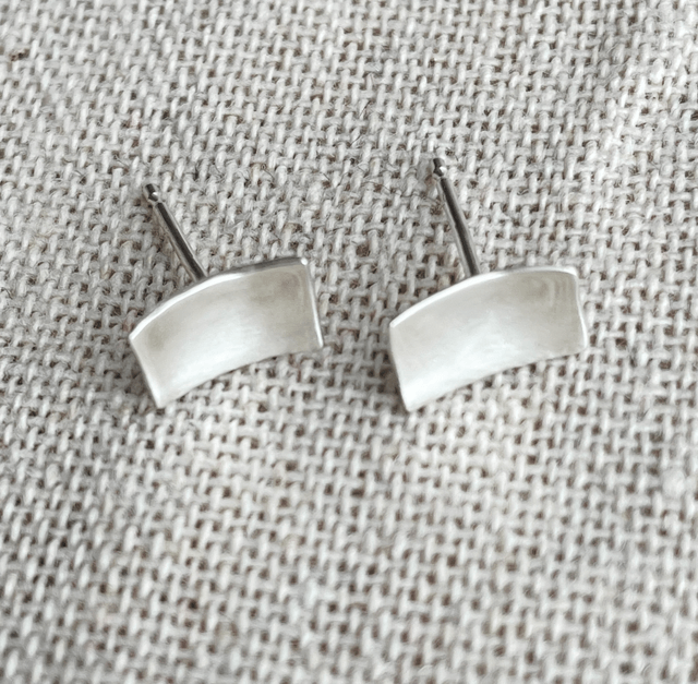 Curved Rectangular Silver Stud Earrings 
