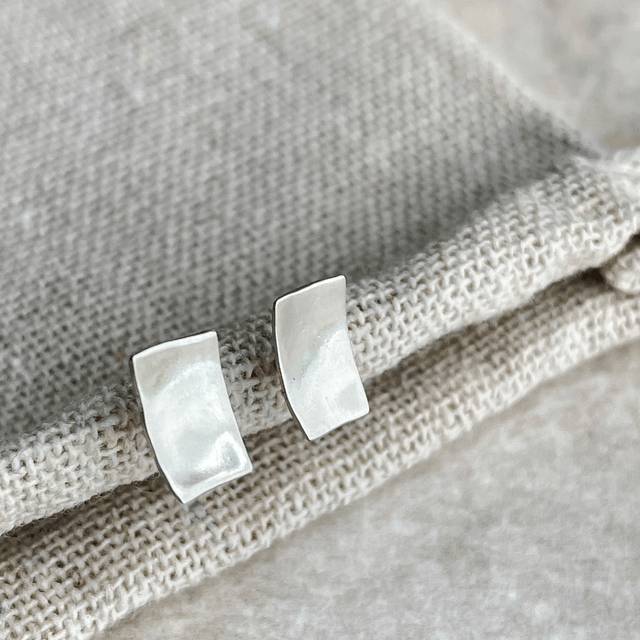 Curved Rectangular Silver Stud Earrings 