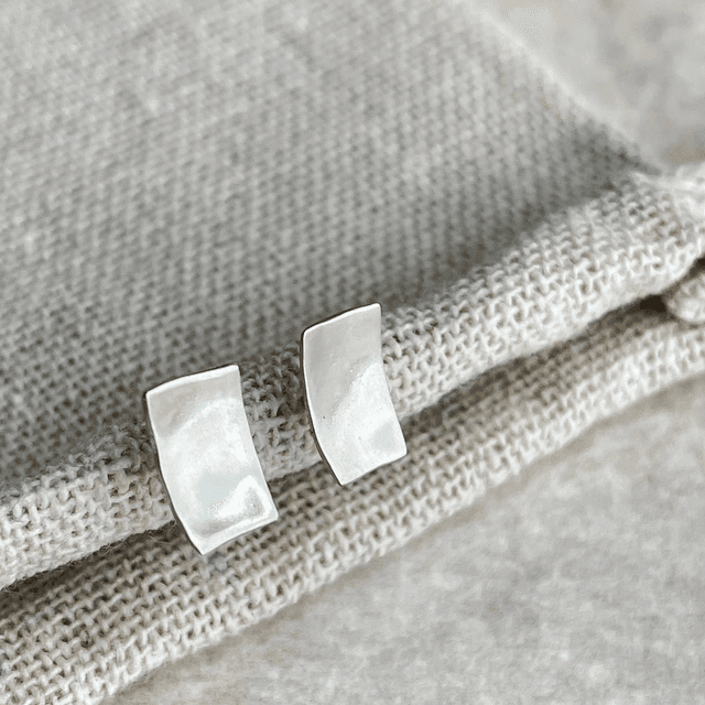 Curved Rectangular Silver Stud Earrings 